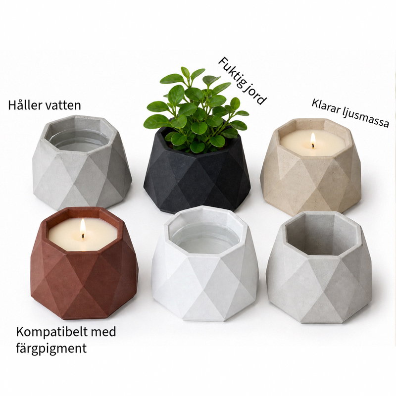 Hexagonformade gjutningar med Täta gips visar användningsområden: håller vatten, fuktig jord, ljushållare och färgpigment