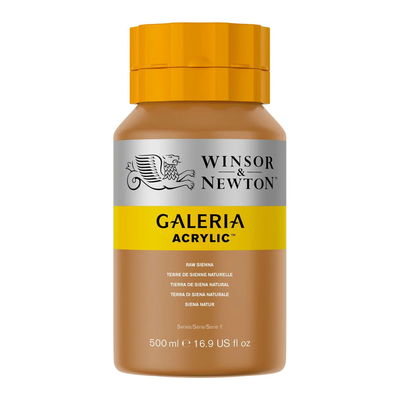 Winsor & Newton Galeria Akrylfärg, 500 ml flaska mot färgad bakgrund. Raw Sienna