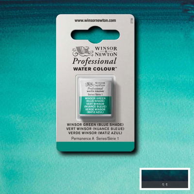 Winsor & Newton Professional Water Colour Winsor Green (Blue Shade) i halvkopp som visas mot målad bakgrund i samma färg.