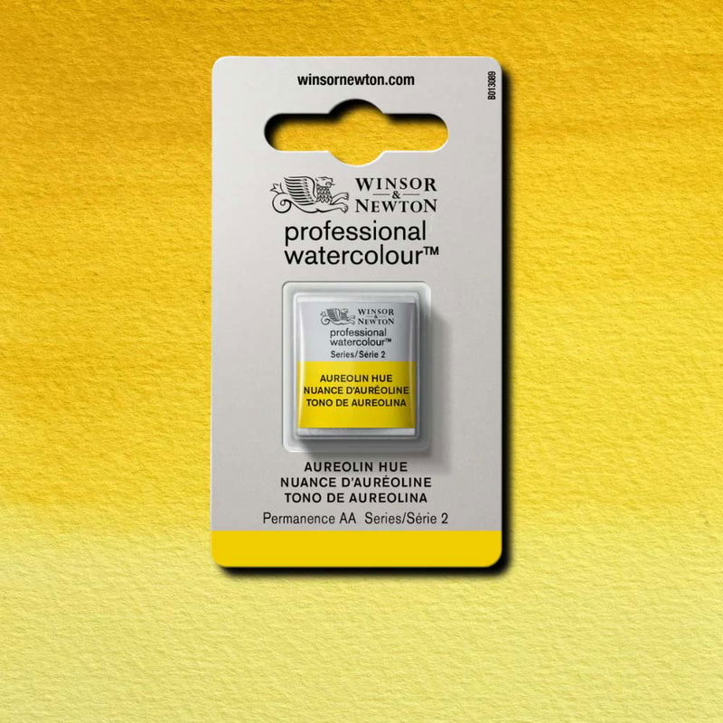 Winsor & Newton Professional Water Colour Aureolin Hue i halvkopp som visas mot målad bakgrund i samma färg.