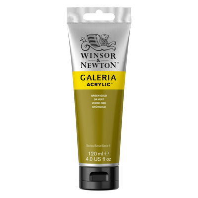 Winsor & Newton Galeria Akrylfärg, 120 ml tub mot färgad bakgrund. Green Gold