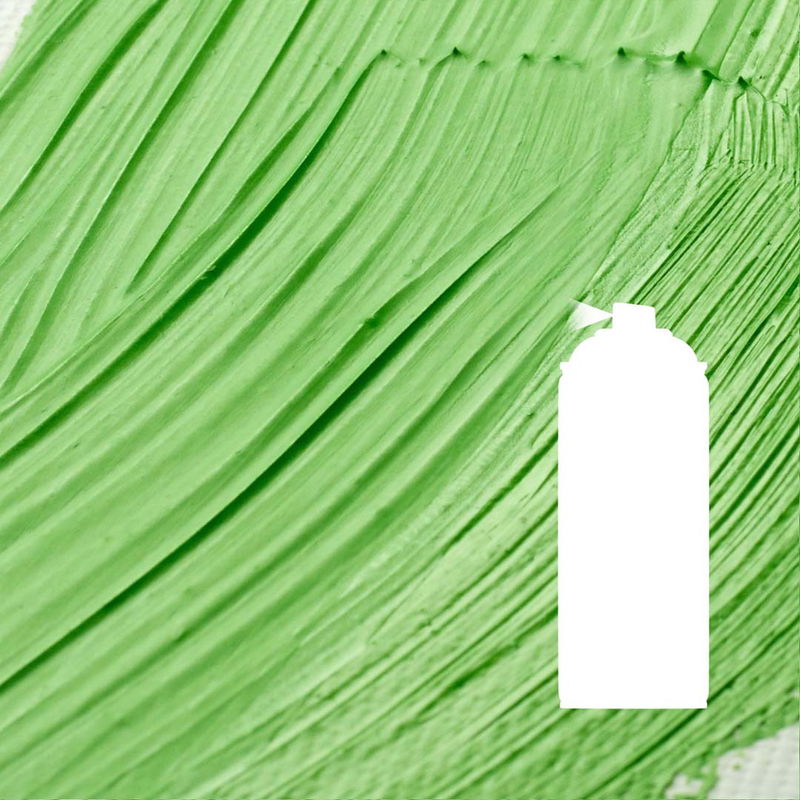 Närbild på grön målarfärg med tydlig textur och silhuett av sprayburk, som visar användning av matt fernissa.