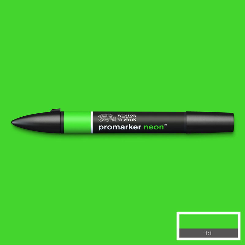Winsor & Newton PromarkerNeon Neon Glowing Green NN GR marker med färgprov och bakgrund i samma ton
