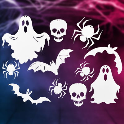 Halloween dekorationer i kartong 10 st, spöken, dödskallar, fladdermöss och spindlar