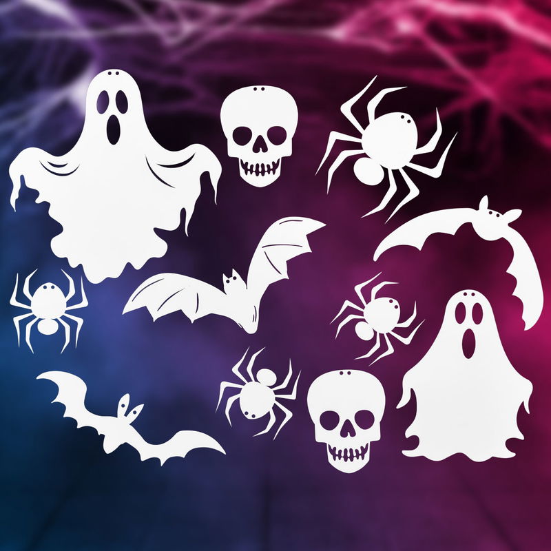 Halloween dekorationer i kartong 10 st, spöken, dödskallar, fladdermöss och spindlar