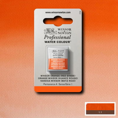 Färgprov och förpackning, Winsor Orange (Red Shade) halvkopp Winsor & Newton Professional Water Colour Winsor Orange (Red Shade) i halvkopp som visas mot målad bakgrund i samma färg.