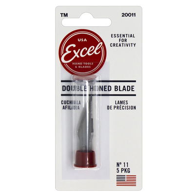 Förpackning med Excel Blades #11 skalpellblad, 5-pack i plastetui med röd kork.