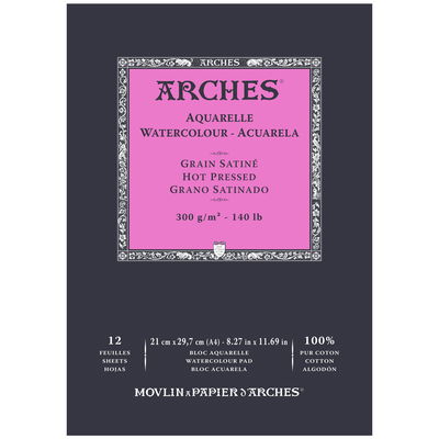 Hot pressed A4 Arches akvarellblock, Slät gräng, Hot pressed. A4