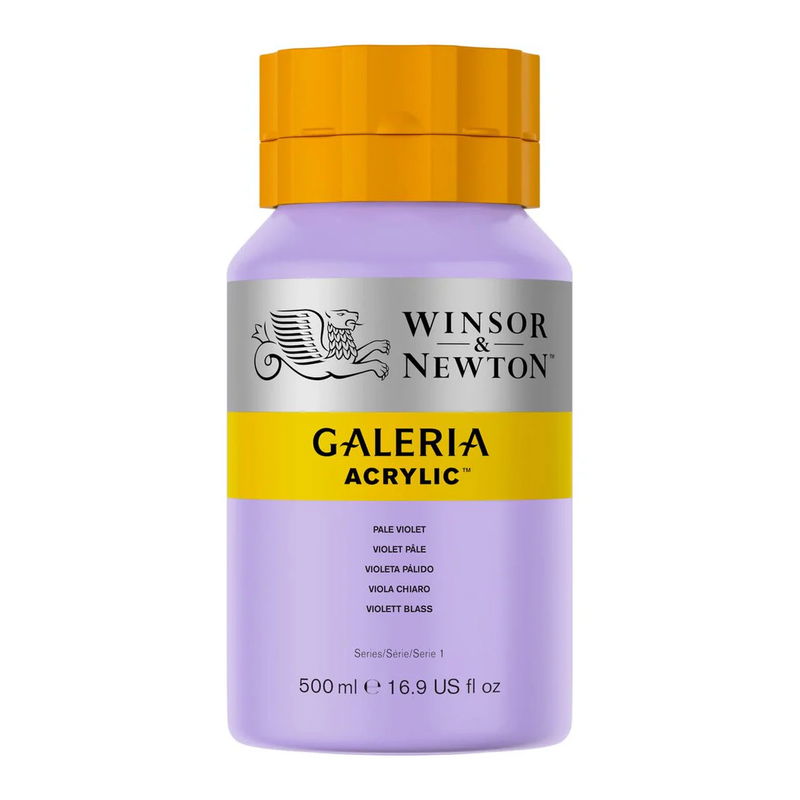 Winsor & Newton Galeria Akrylfärg, 500 ml flaska mot färgad bakgrund. Pale Violet