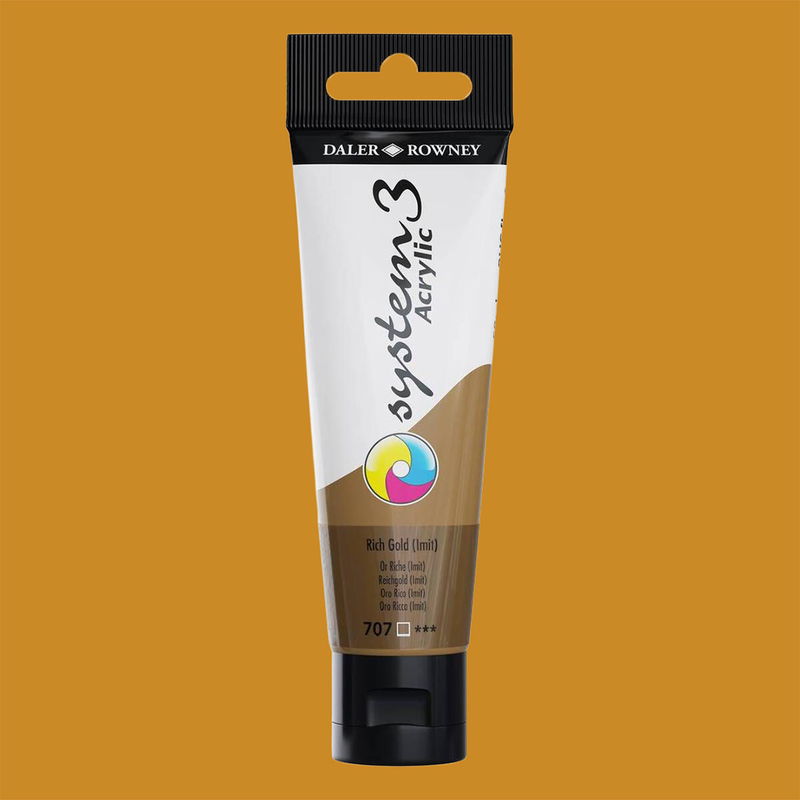 Akrylfärg i tub System3 Acrylic Rich Gold Imitation 707 med färgprov