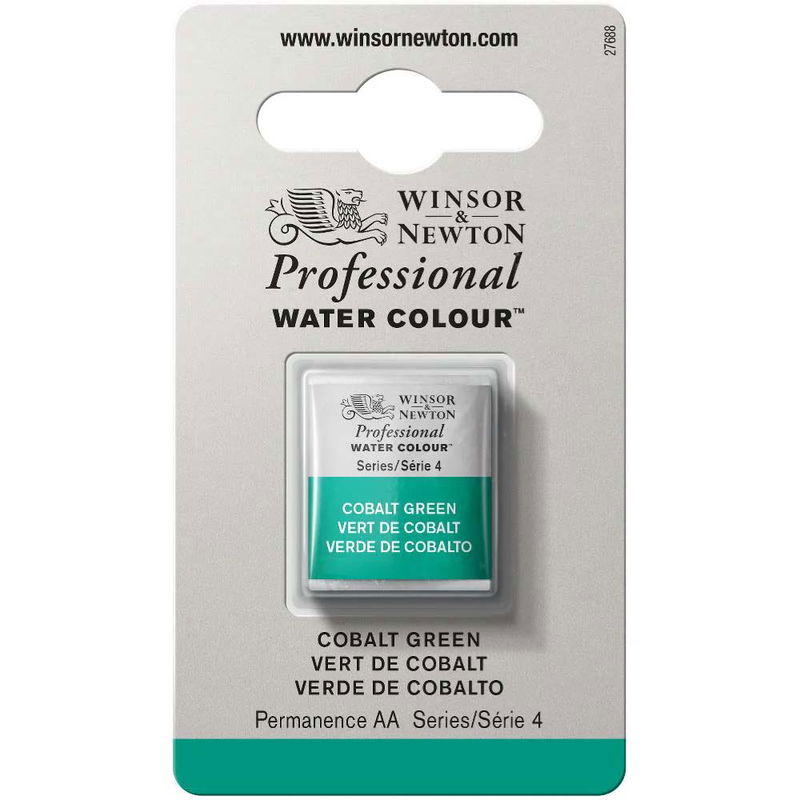 Förpackning med Winsor & Newton Professional akvarellfärg Cobalt Green halvkopp