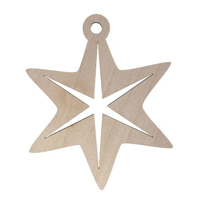 <p>Ge julgranen en stilren och skandinavisk känsla med detta julgranshänge i form av en nordisk stjärna på ca 8 cm. Stjärnans utskurna mitt ger en luftig och elegant design som gör sig lika fint i granen som i fönstret eller i en adventsdekoration. Tillverkad av fin björkplywood 6 mm som ger en naturlig och varm känsla.</p> <p>Häng upp stjärnan som den är i sin träfinish eller måla och dekorera efter eget tycke. Hänget har hål för upphängning, vilket gör det enkelt att använda till julgranen, kransar eller annan julpyntning.</p>