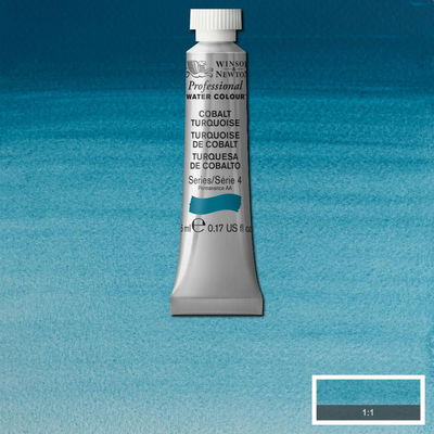 Winsor & Newton Professional Water Colour Cobalt Turquoise i 5 ml tub som visas mot målad bakgrund i samma färg.