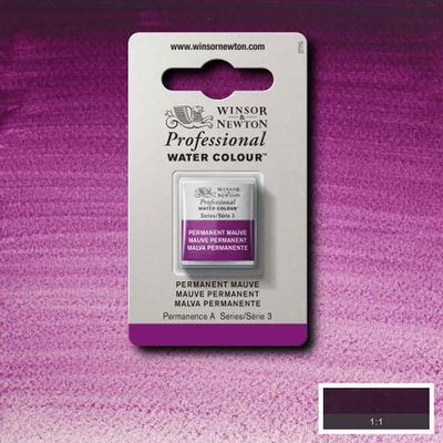 Winsor & Newton Professional Water Colour Permanent Mauve i halvkopp som visas mot målad bakgrund i samma färg.