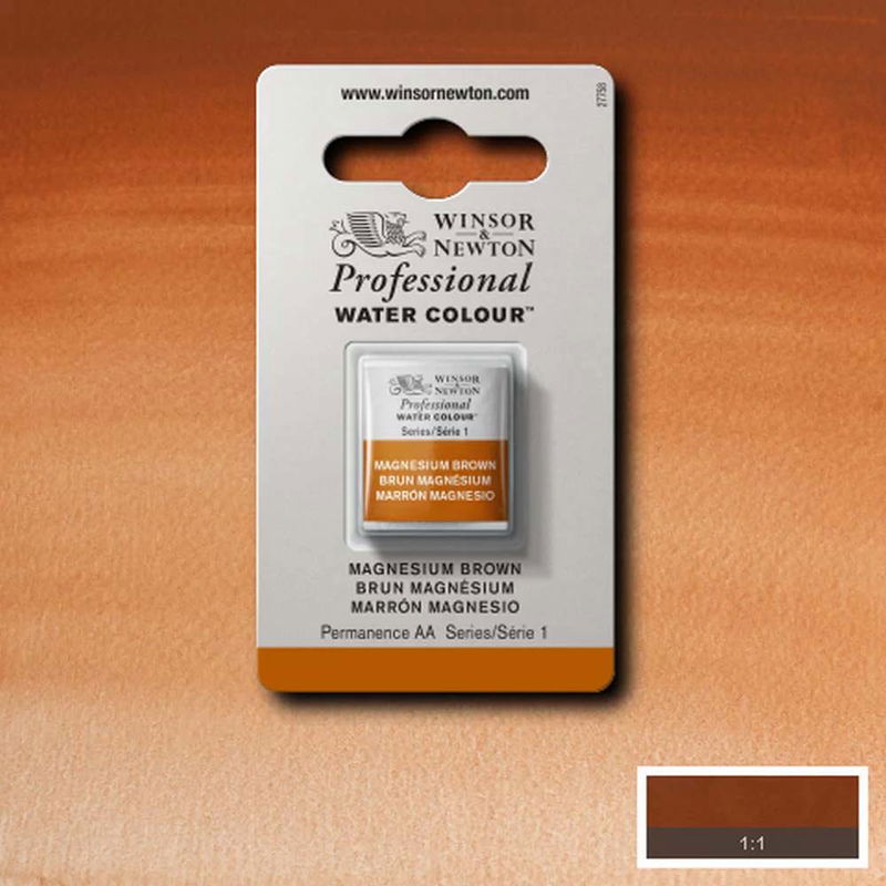 Winsor & Newton Professional Water Colour Magnesium Brown i halvkopp som visas mot målad bakgrund i samma färg.