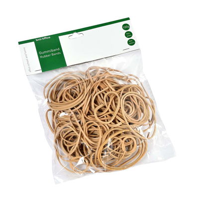 Mixade gummiband i förpackning Påse med mixade naturfärgade gummiband i olika storlekar 100 g