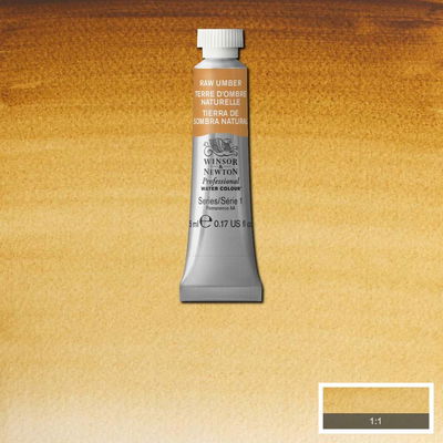 Färgprov och förpackning, Raw Umber 5 ml tub Winsor & Newton Professional Water Colour Raw Umber i 5 ml tub som visas mot målad bakgrund i samma färg.