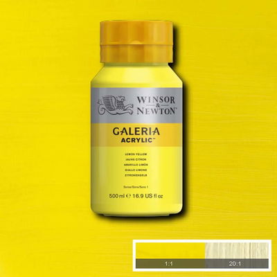 Winsor & Newton Galeria Akrylfärg, 500 ml flaska mot färgad bakgrund. Lemon Yellow