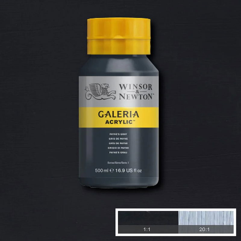 Flaska med 500 ml akrylfärg. Winsor & Newton Galeria Payne’s Gray