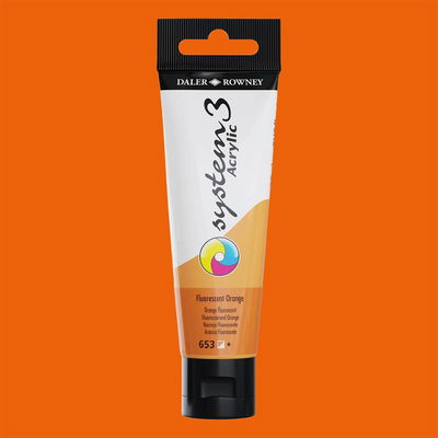 Akrylfärg i tub System3 Acrylic Fluorescent Orange 653 med färgprov