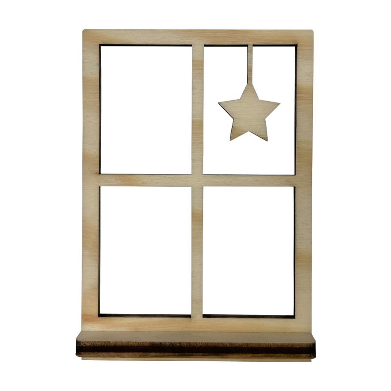 Miniatyrfönster 85x60 mm i trä med hängande stjärna och fönsterbräde