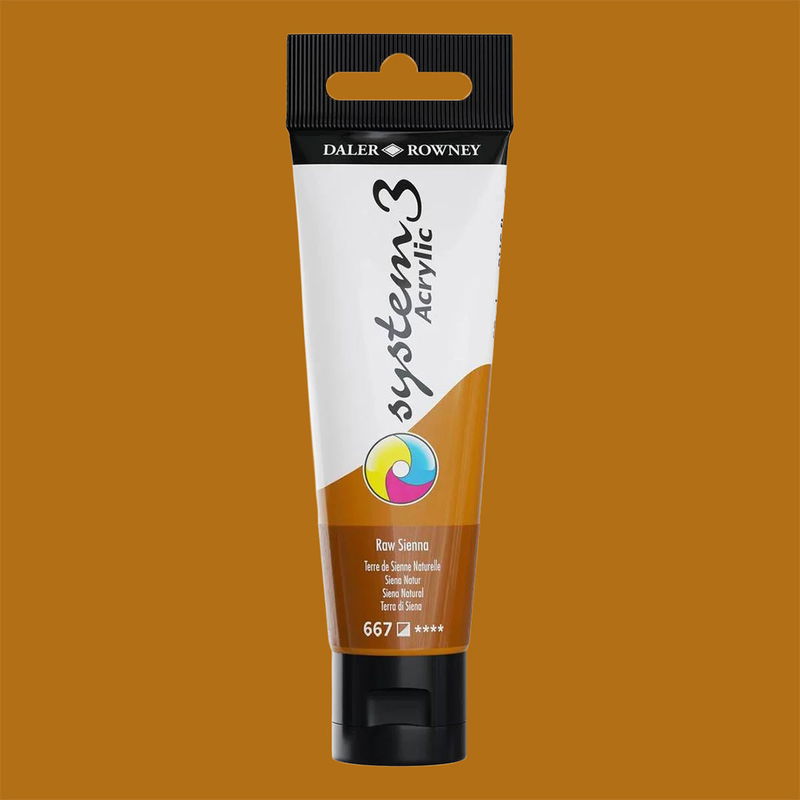 Akrylfärg i tub System3 Acrylic Raw Sienna 667 med färgprov