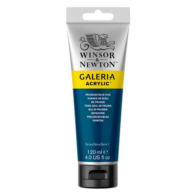 Winsor & Newton Galeria Akrylfärg, 120 ml tub mot färgad bakgrund. Prussian Blue Hue