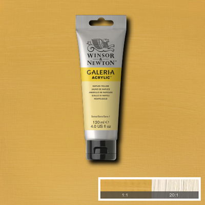 Winsor & Newton Galeria Akrylfärg, 120 ml tub mot färgad bakgrund. Naples Yellow