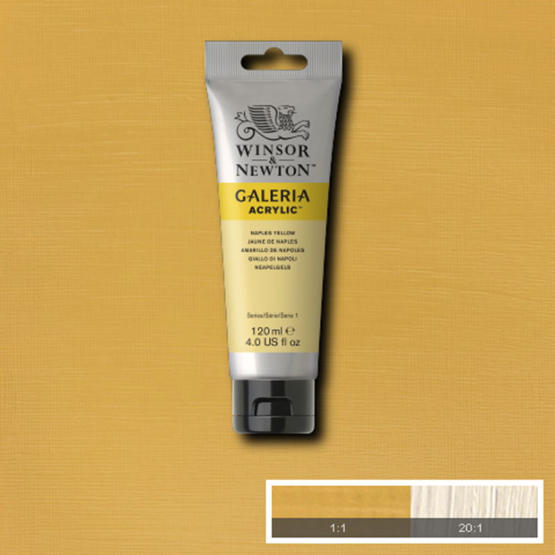 Winsor & Newton Galeria Akrylfärg, 120 ml tub mot färgad bakgrund. Naples Yellow
