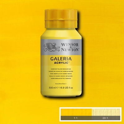 Winsor & Newton Galeria Akrylfärg, 500 ml flaska mot färgad bakgrund. Cadmium Yellow Medium Hue