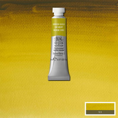 Winsor & Newton Professional Water Colour Green Gold i 5 ml tub som visas mot målad bakgrund i samma färg.
