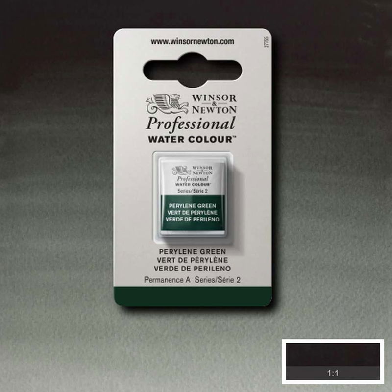 Winsor & Newton Professional Water Colour Perylene Green i halvkopp som visas mot målad bakgrund i samma färg.