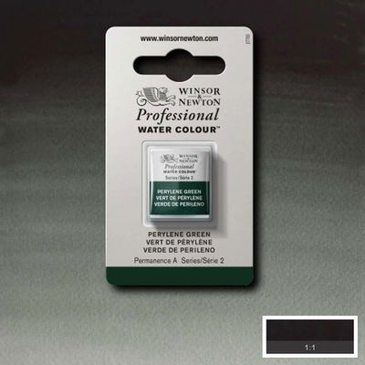 Färgprov och förpackning, Perylene Green halvkopp Winsor & Newton Professional Water Colour Perylene Green i halvkopp som visas mot målad bakgrund i samma färg.