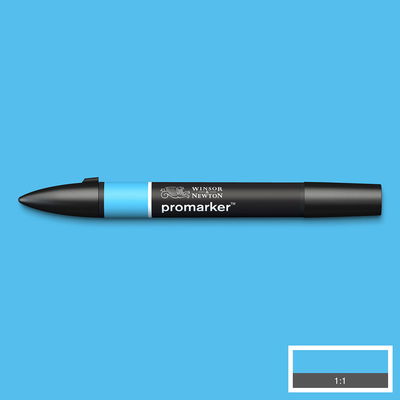 Winsor & Newton Promarker Sky Blue B137 marker med färgprov och bakgrund i samma ton