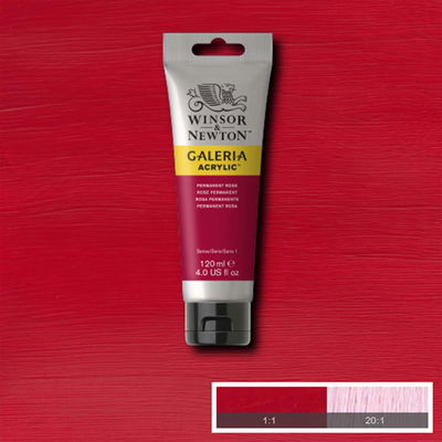 Winsor & Newton Galeria Akrylfärg, 120 ml tub mot färgad bakgrund. Permanent Rose