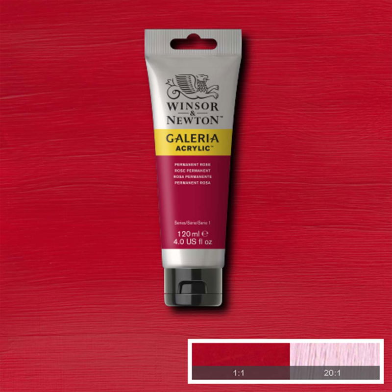 Winsor & Newton Galeria Akrylfärg, 120 ml tub mot färgad bakgrund. Permanent Rose