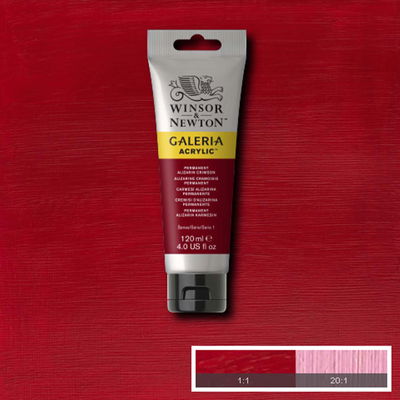 Winsor & Newton Galeria Akrylfärg, 120 ml tub mot färgad bakgrund. Permanent Alizarin Crimson