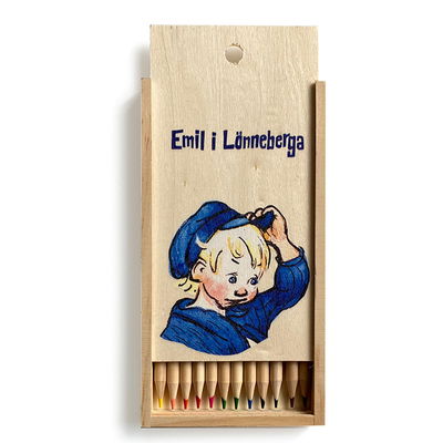 Färgpennor Emil i Lönneberga. 12 st pennor i träask med tryck Emil