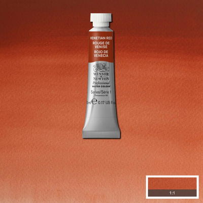 Winsor & Newton Professional Water Colour Venetian Red i 5 ml tub som visas mot målad bakgrund i samma färg.