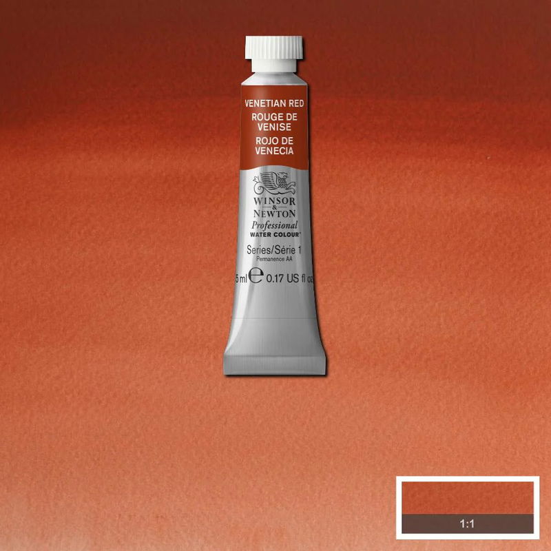 Winsor & Newton Professional Water Colour Venetian Red i 5 ml tub som visas mot målad bakgrund i samma färg.