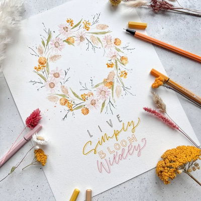 Illustration av blommor och text ritad med STABILO Point 88 fineliners