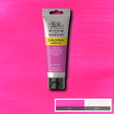 Winsor & Newton Galeria Akrylfärg, 120 ml tub mot färgad bakgrund. Opera Rose