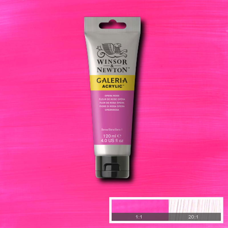 Winsor & Newton Galeria Akrylfärg, 120 ml tub mot färgad bakgrund. Opera Rose