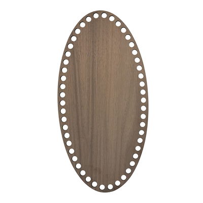 Smal Oval Korgbotten 15x30 cm med äkta valnötsfanér Smal Oval korgbotten 15x30 cm i valnötsfanér, laserskuren träfiberskiva med 9 mm hål, frilagd mot vit bakgrund