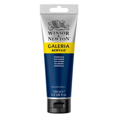 Winsor & Newton Galeria Akrylfärg, 120 ml tub mot färgad bakgrund. Winsor Blue