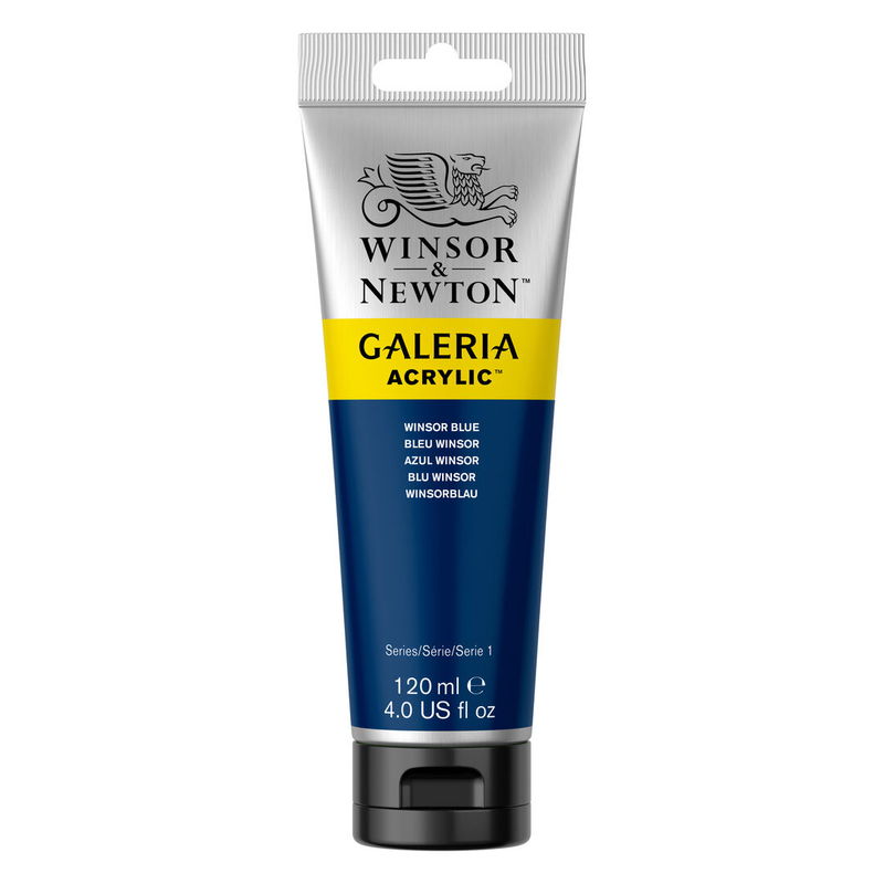 Winsor & Newton Galeria Akrylfärg, 120 ml tub mot färgad bakgrund. Winsor Blue