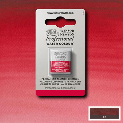 Winsor & Newton Professional Water Colour Permanent Alizarin Crimson i halvkopp som visas mot målad bakgrund i samma färg.