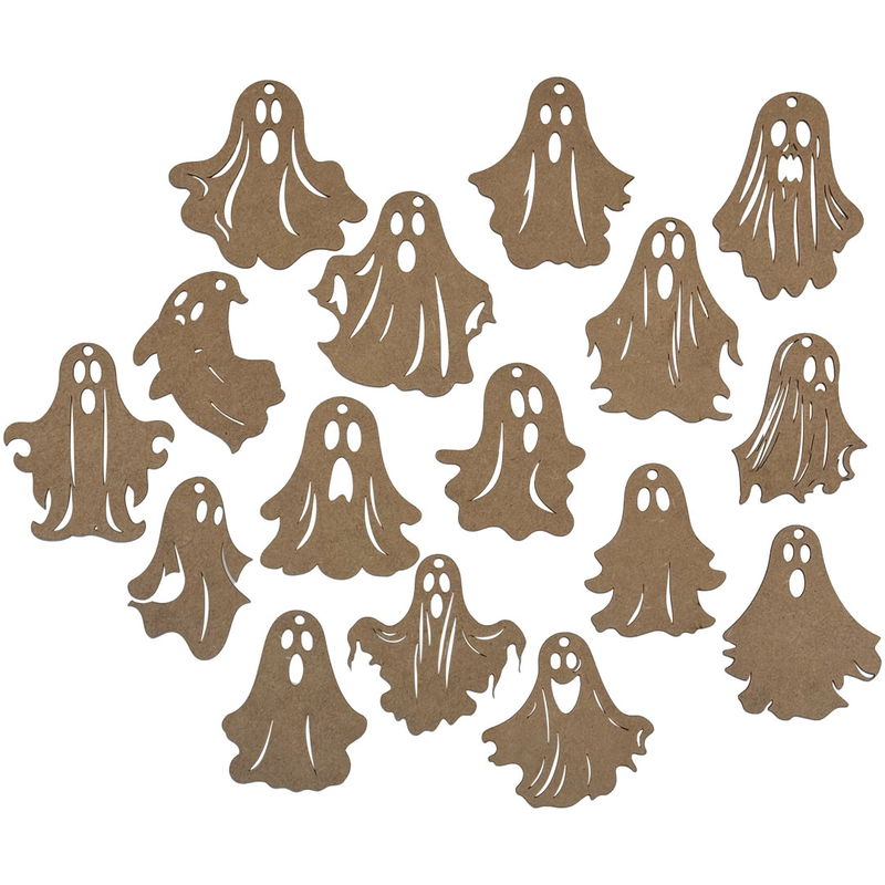 16 stycken läskiga spöken av mdf med olika ansiktsuttryck. Perfekt till halooween. Varje spöke har hål för upphängning