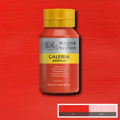 Winsor & Newton Galeria Akrylfärg, 500 ml flaska mot färgad bakgrund. Vermilion Hue