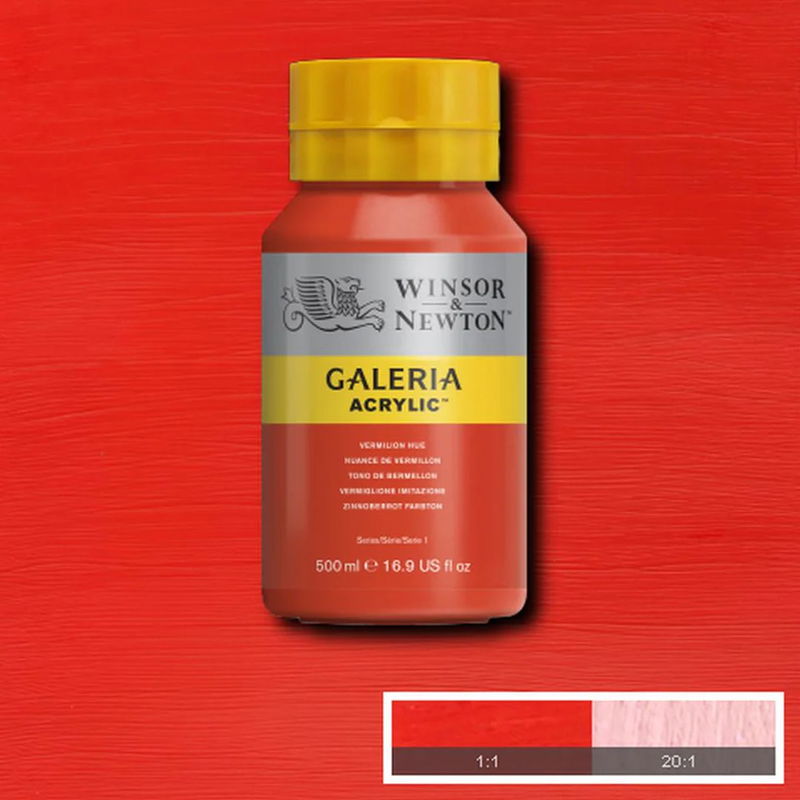 Winsor & Newton Galeria Akrylfärg, 500 ml flaska mot färgad bakgrund. Vermilion Hue